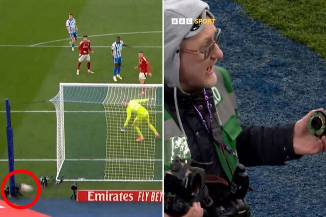 El camarógrafo de la Copa FA se fue furioso cuando la estrella de Brighton, Carlos Baleba, destruye su cámara con un disparo rebelde

