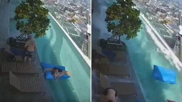 Mira el momento aterrador que el nadador casi está barrido del techo en Bangkok mientras el agua de la piscina se desprende durante el terremoto de Myanmar
