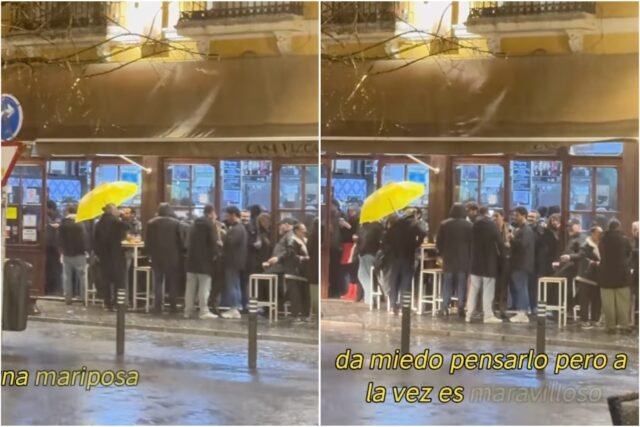 RELOJ: Los locales sedientos en el Sevilla del Sevilla de España se niegan a renunciar a sus 'Cañas' durante la lluvia torrencial
