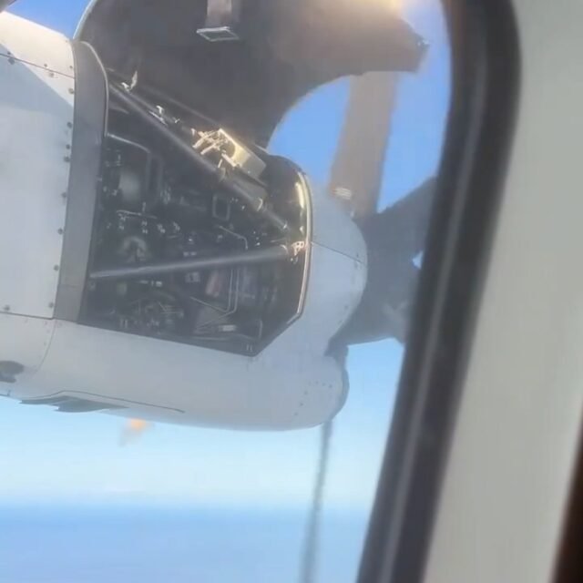 El panel de motor de avión de momento horrible sale en el aire y comienza a colocar peligrosamente a solo centímetros de la hélice
