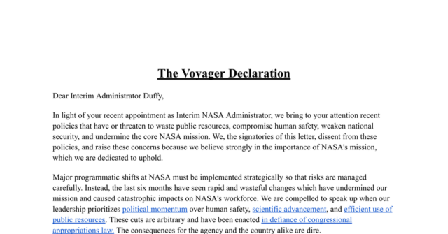 Lea la carta de disidencia de la NASA 'Declaración de Voyager a la Administración Trump
